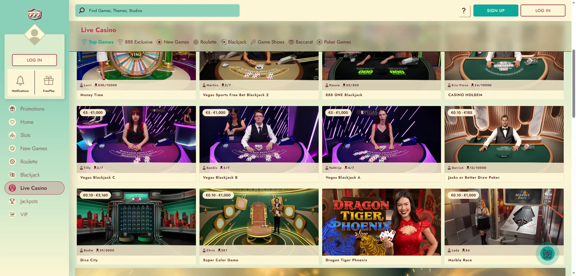 777 Casino live dealer tables — roulette, blackjack and game shows
