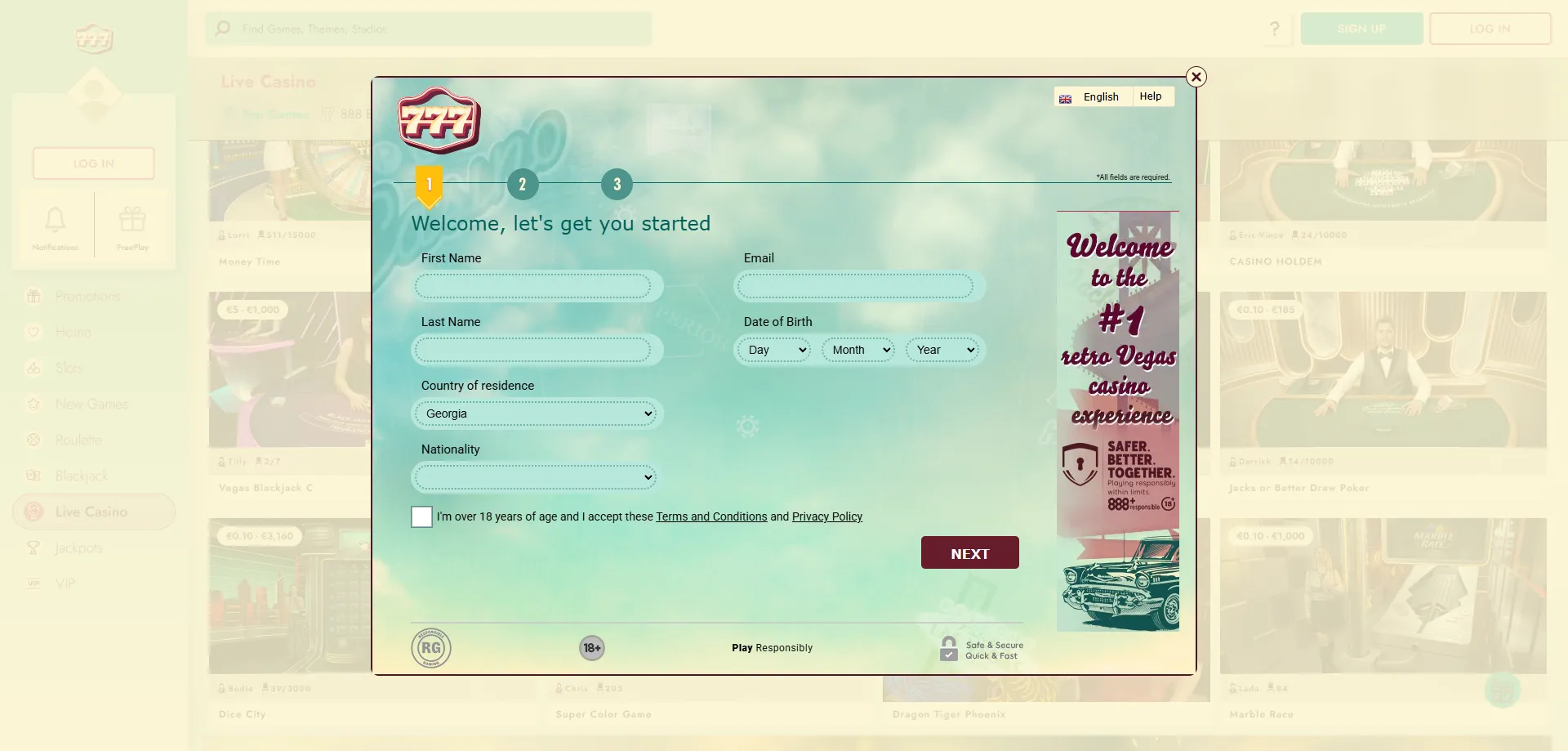 777 Casino registration form — create account and claim welcome bonus