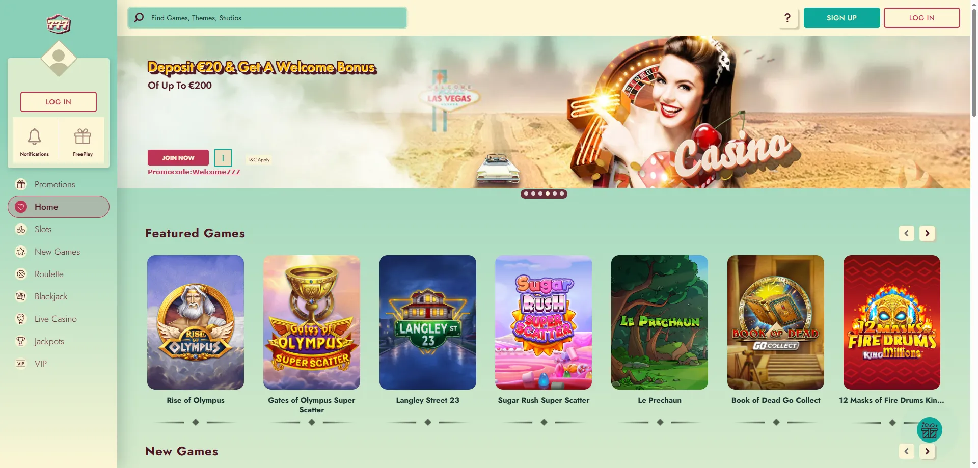 777 Casino online game lobby — slots, live tables and more