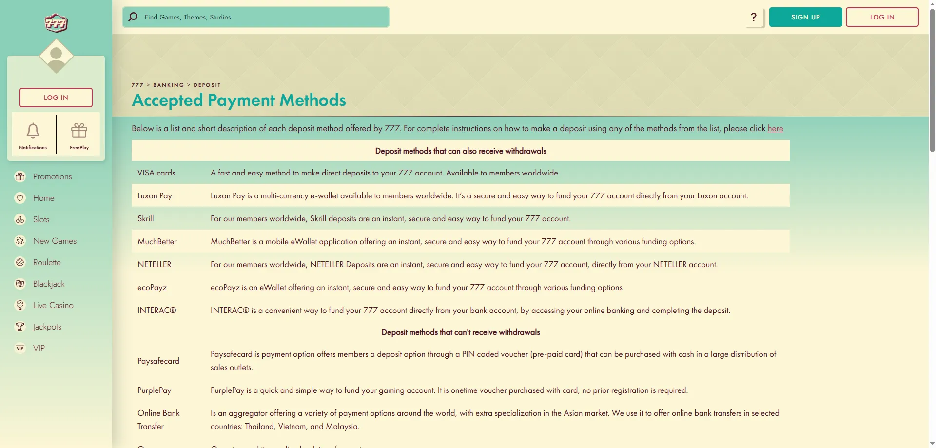 777 Casino payment methods — deposit and withdrawal options 2026